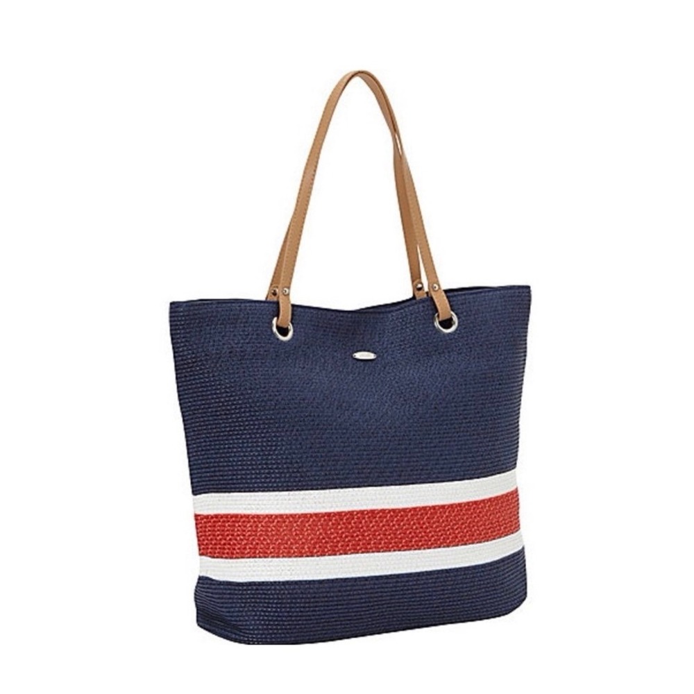 Cappelli Straworld Nautical Striped Woven Straw Tote Bag Navy Blue Red White NEW